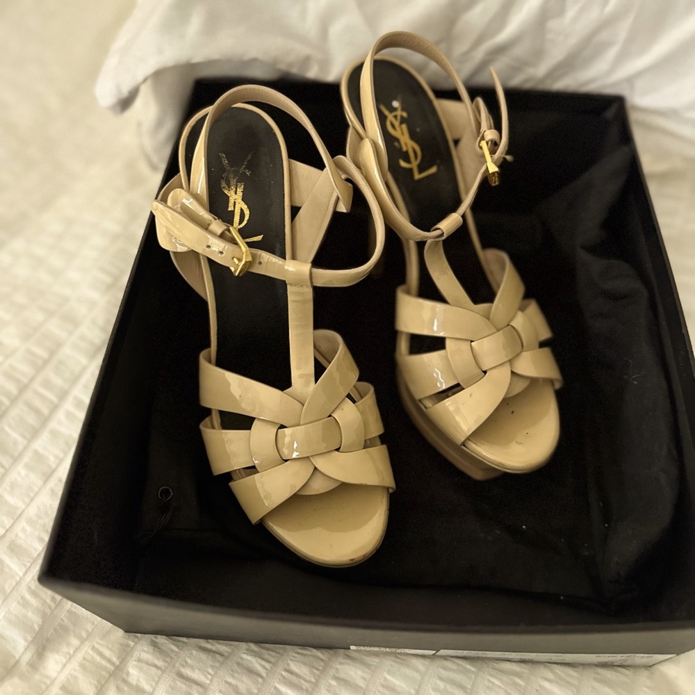 Used authentic cream/tan YSL TRIBUTE PLATFORM SANDALS LEATHER DARK BEIGE